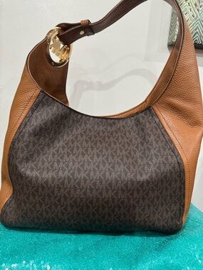 Michael Kors Brown and Tan Logo Hobo with Gold Charm